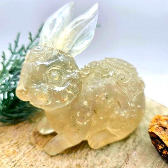 Nature Crystal Chips Resin Blessing Fortune Big Rabbit  Figure - Picture 1 of 10